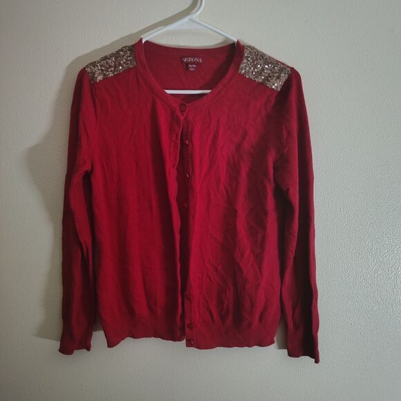 Women’s Merona Sequins Neck Cardigan Wine Colored Long Sleeved XL - Picture 1 of 6